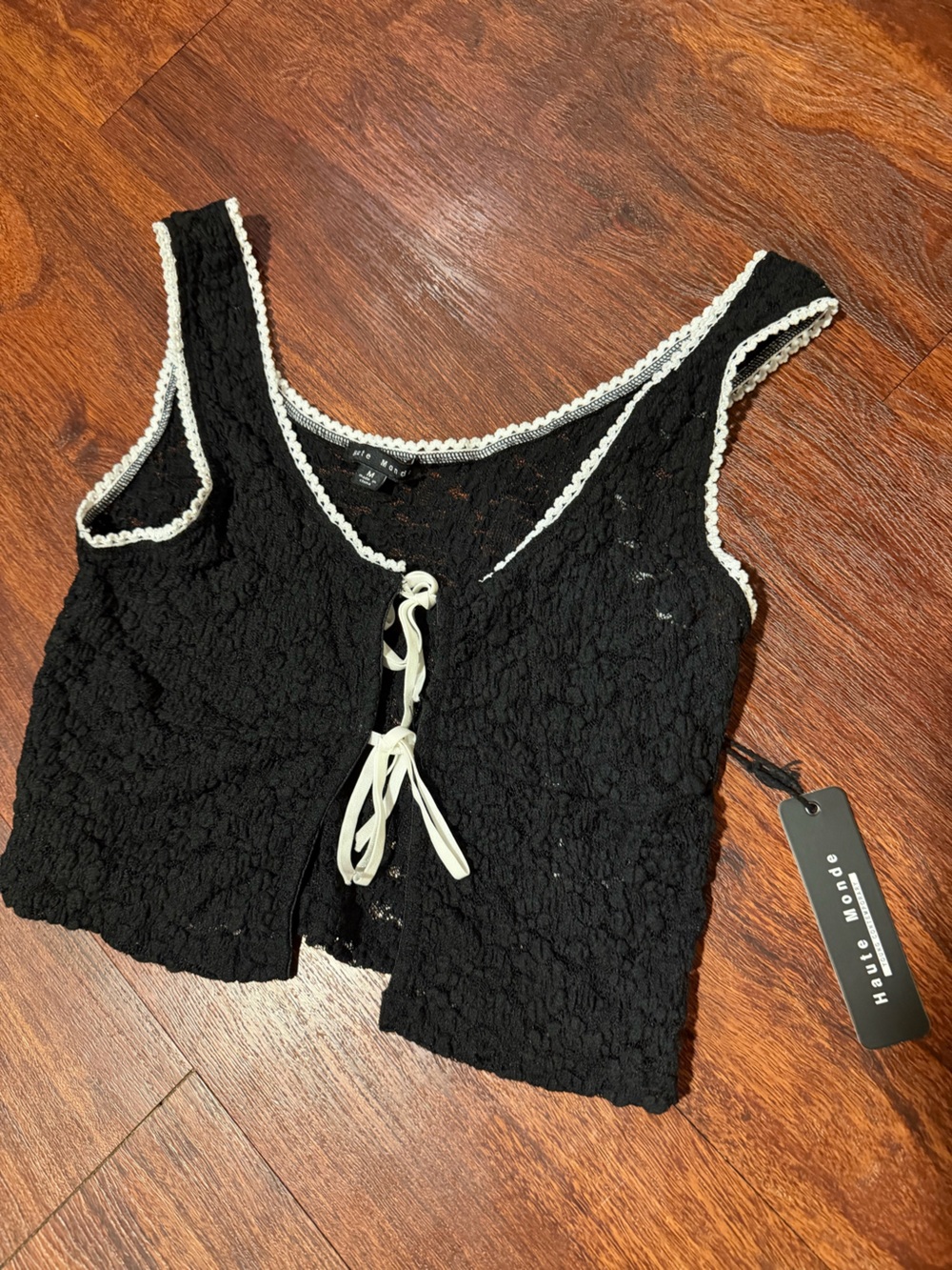 Haute Monde Black Lace Tie-Front Crop Top with White Trim